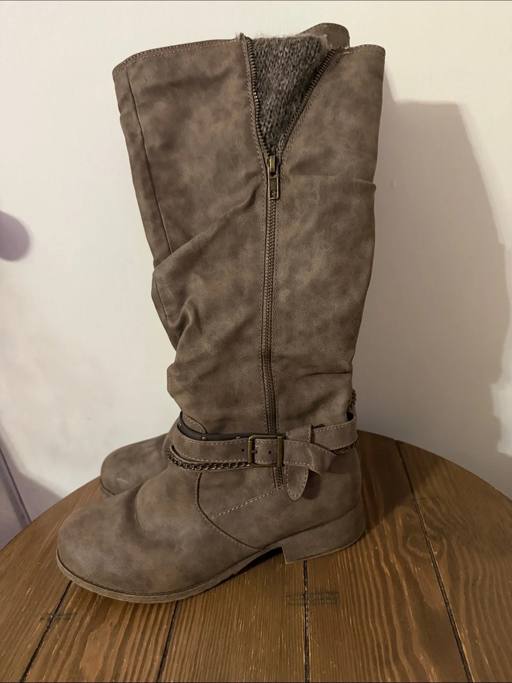Jellypop Taupe Slouch Over-the-Knee Faux Suede Boots with Braided Ankle Strap